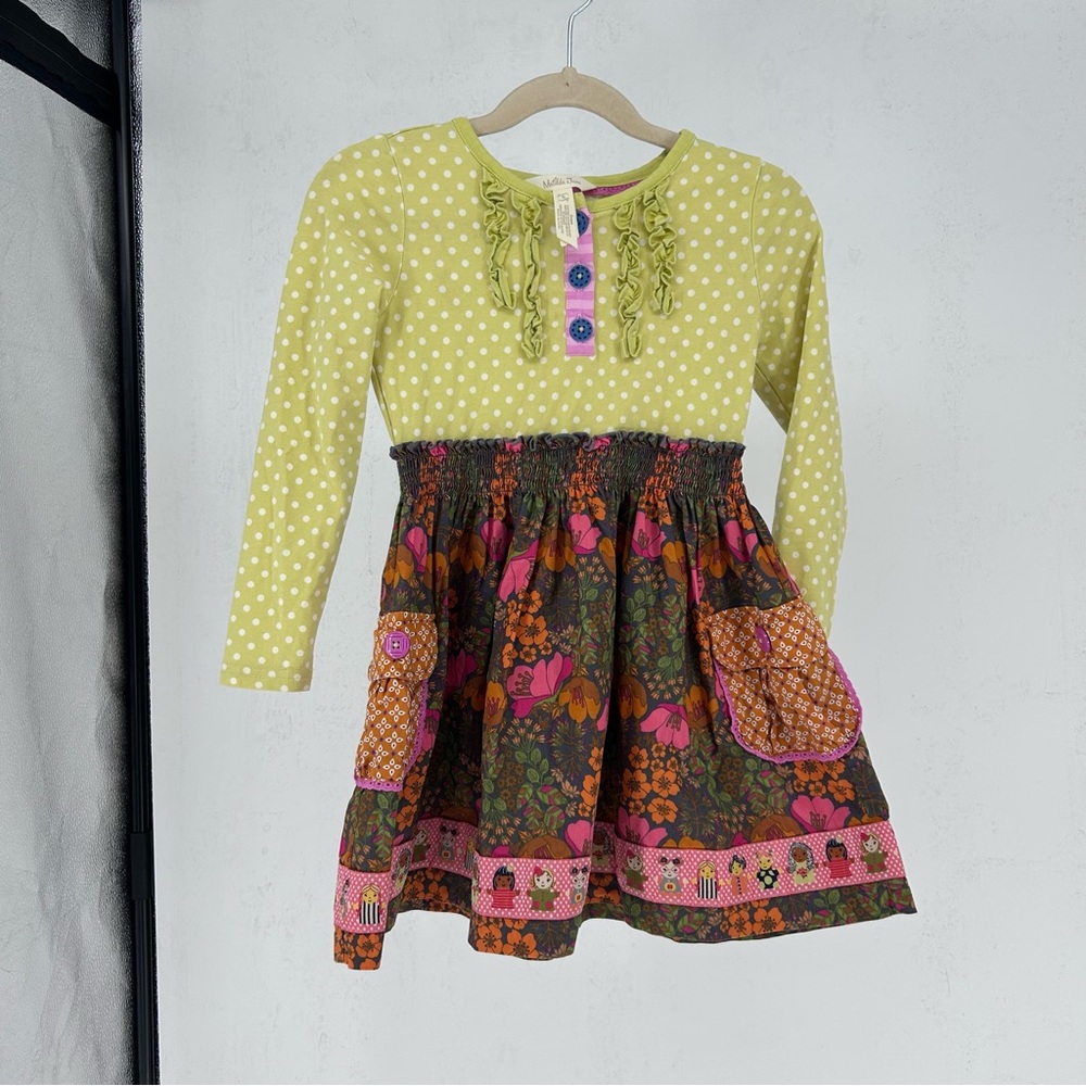 Matilda Jane Girls Size 4 Green Polka Dot Floral Dress Ruffles Pockets Unique